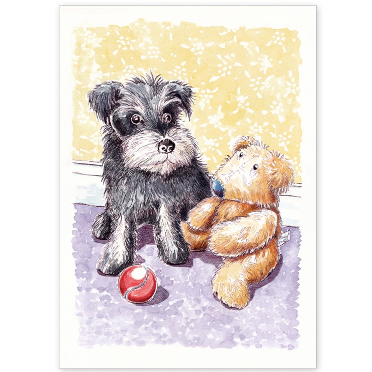 Miniature Schnauzer with Teddy and Ball - Greeting Card