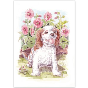King Charles Spaniel and Hollyhocks - Greeting Card